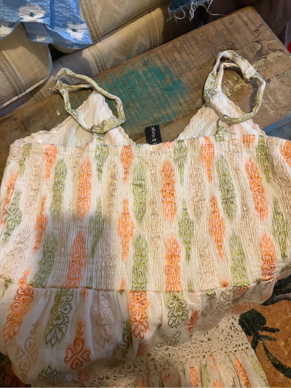 Boho Crochet-Waist Maxi Dress in White with Peach & Sage Print - Picture 4 of 7